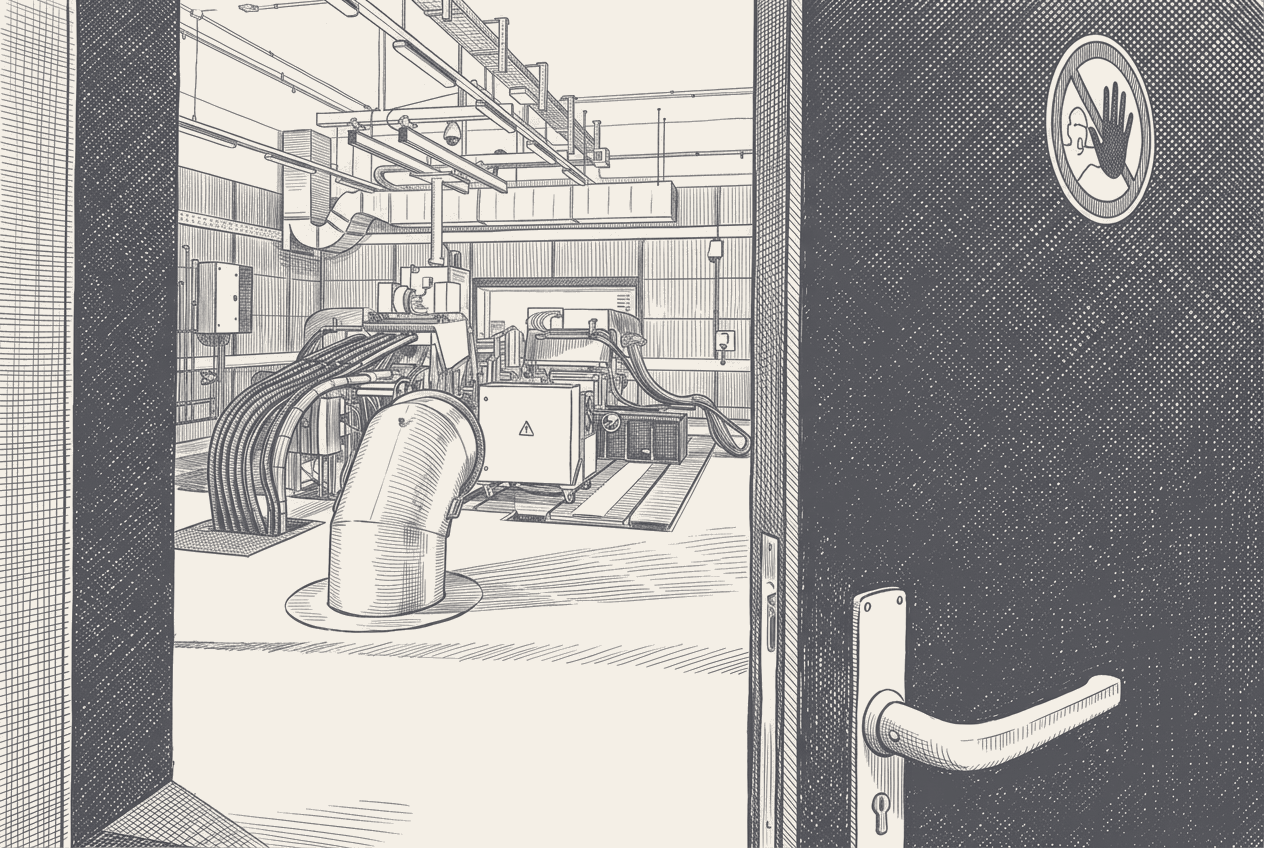 Two-tone hatched-ink illustration traced from a photograph of a bare Formula 1 V-configuration engine block on a workshop stand, sponsor marks and manufacturer badges stripped.