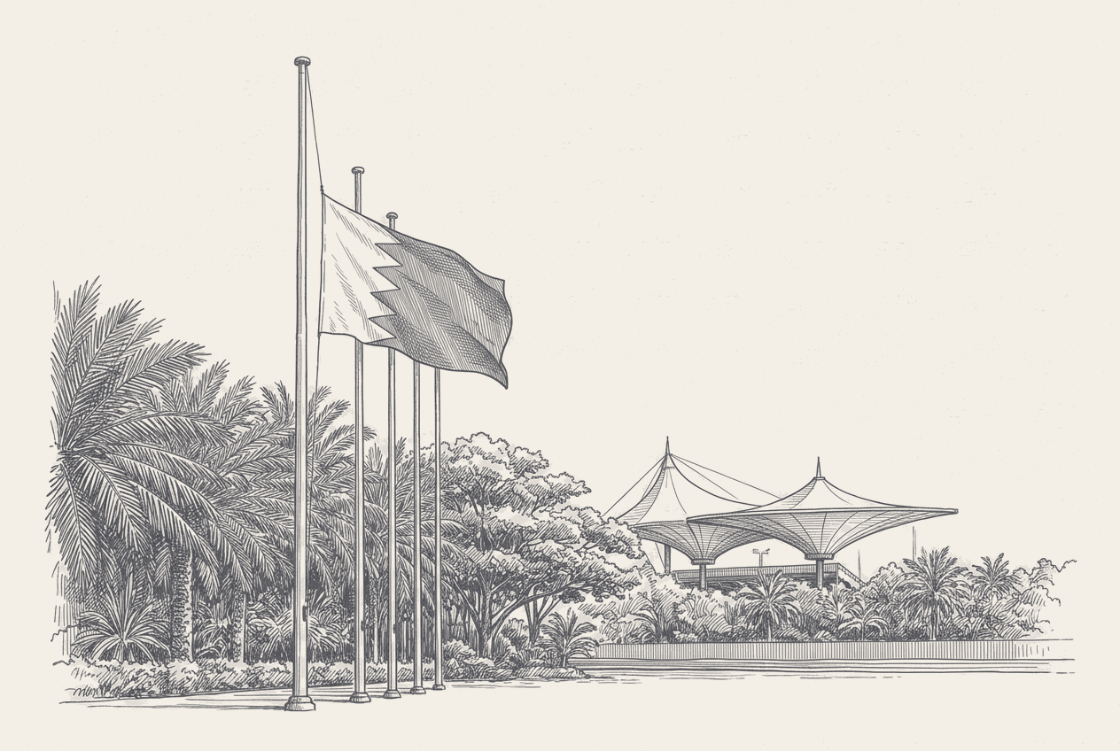 Two-tone hatched-ink illustration of a single tall paddock flagpole flying the flag of Bahrain in a humid tropical setting, dense palm fronds behind it and the tented roof of a large grandstand rising beyond the treeline, a row of empty flagpoles alongside.