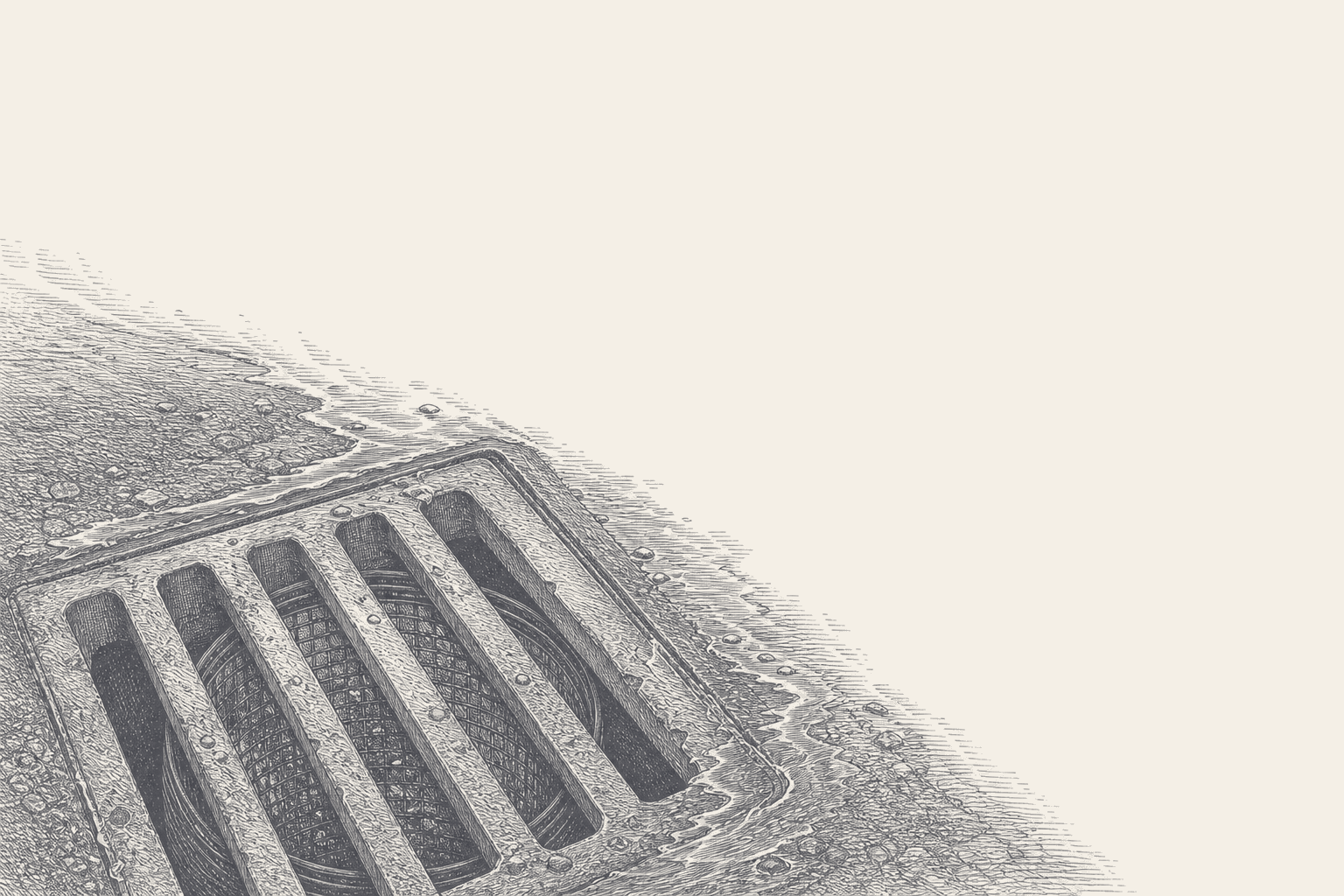 Two-tone hatched-ink illustration of a cast-iron road gully grate set flush in worn asphalt, seen from almost overhead, the parallel bars throwing hard shadow into the shaft below and a film of standing water spreading dark across the surface around it.