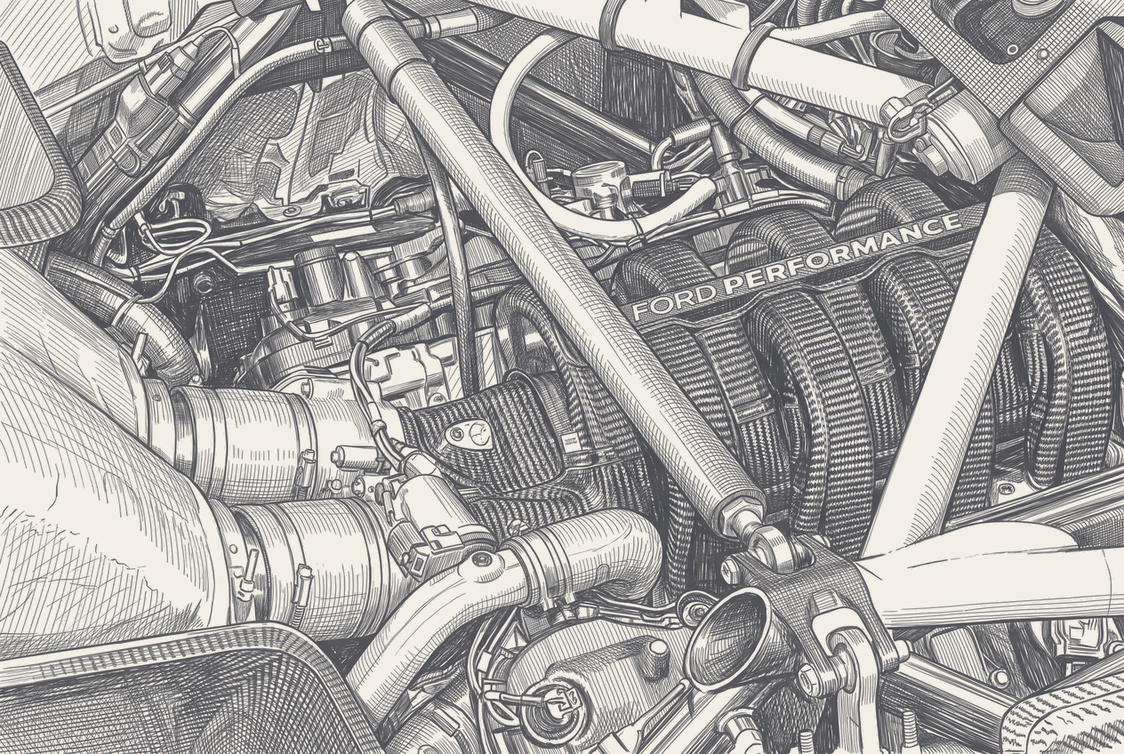 Two-tone hatched-ink illustration of a naturally aspirated V8 lifted on a hoist above a bare prototype chassis tub, the spec hybrid unit and control battery drawn as identical grey blocks beside it while the engine alone is rendered in Ford blue.