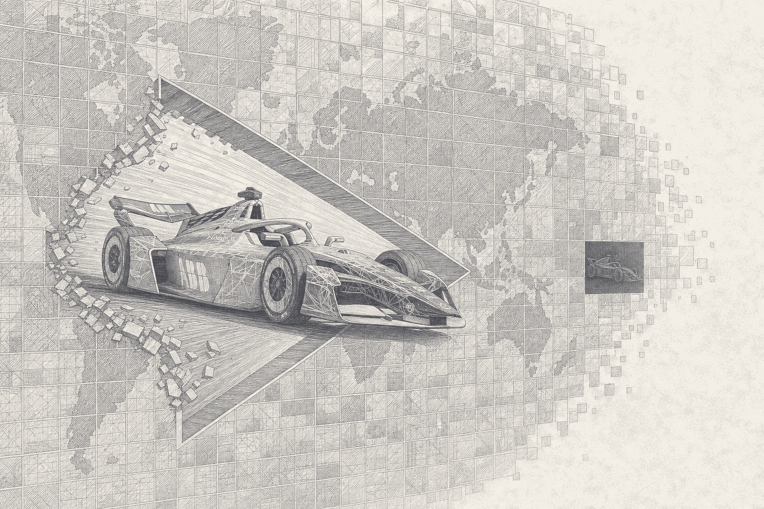 Two-tone hatched-ink illustration of an electric single-seater bursting through a giant play-button triangle cut into a wall of tiled world-map panels, tile fragments scattering from the breach, one dark panel at the right where an older car dims out, the wall dissolving into cream negative space.