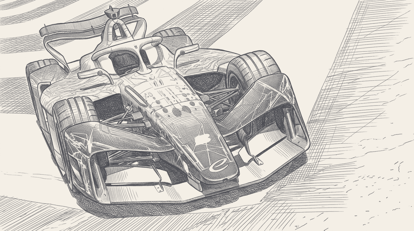 Two-tone hatched-ink illustration traced from a studio photograph of the Formula E GEN4 car in three-quarter profile, liveries and logos stripped, over a calm cream field reserved for the headline.