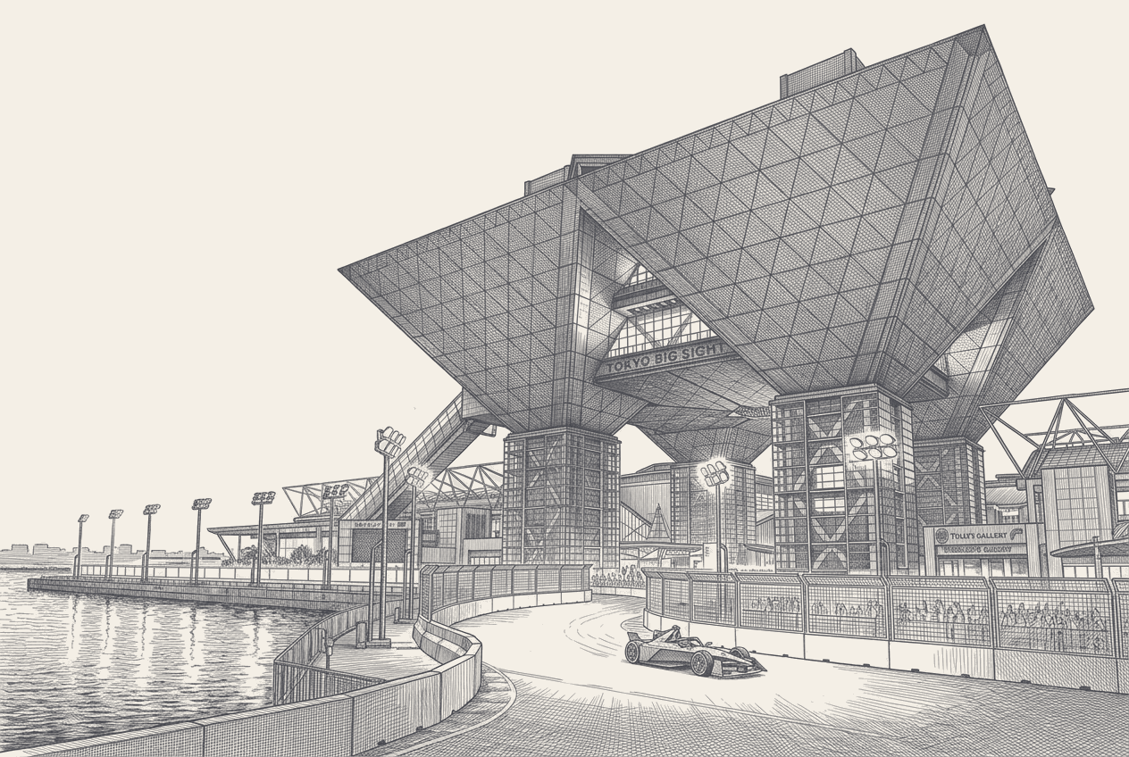 A two-tone hatched night scene of an electric single-seater on a lit street circuit threading a convention-centre skyline, neon signage and reflections on the tarmac, the track furniture and grandstands sketched under floodlights.