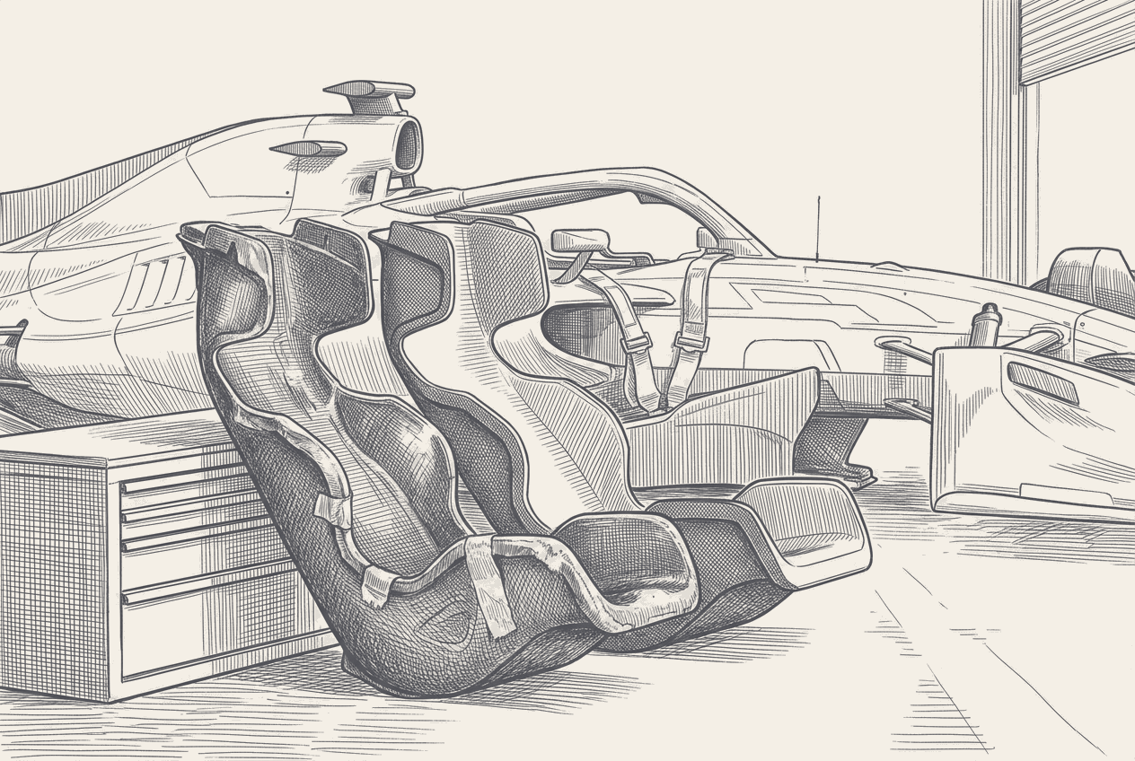 A calendar strip of F1 weekend formats drawn as a technical illustration, conventional rounds marked with an open practice slot and sprint rounds marked closed, a single junior-driver helmet slotted into one open window.