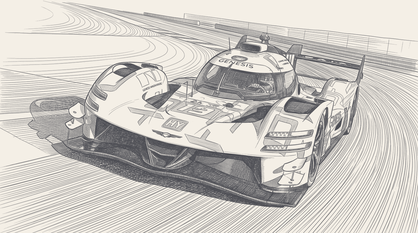 The Genesis GMR-001 Hypercar in its Le Mans livery at golden hour on the Mulsanne straight, low and wide, with a faint double-exposure of a Hyundai i20 N Rally1 ghosted into the sky above it.