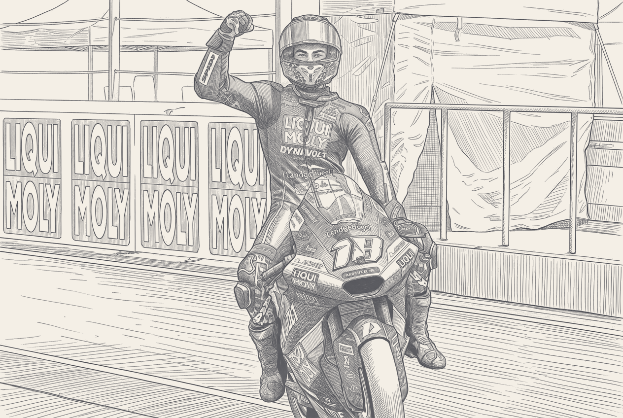 A rider in leathers sitting alone on pit wall drawn in two-tone ink, a departures board above him listing rider names with destinations confirmed, his own line blank.