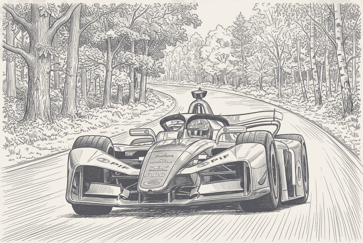 A single-seater Formula E GEN4 prototype climbing a narrow hillclimb course flanked by straw bales and trees, drawn in two-tone hatched technical illustration.
