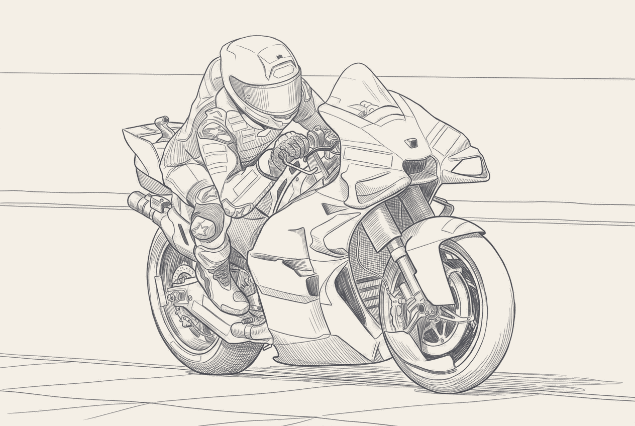 Two-tone hatched-ink illustration traced from a photograph of a satellite-team MotoGP Ducati Desmosedici at speed, rider leathers and sponsor logos rendered blank.