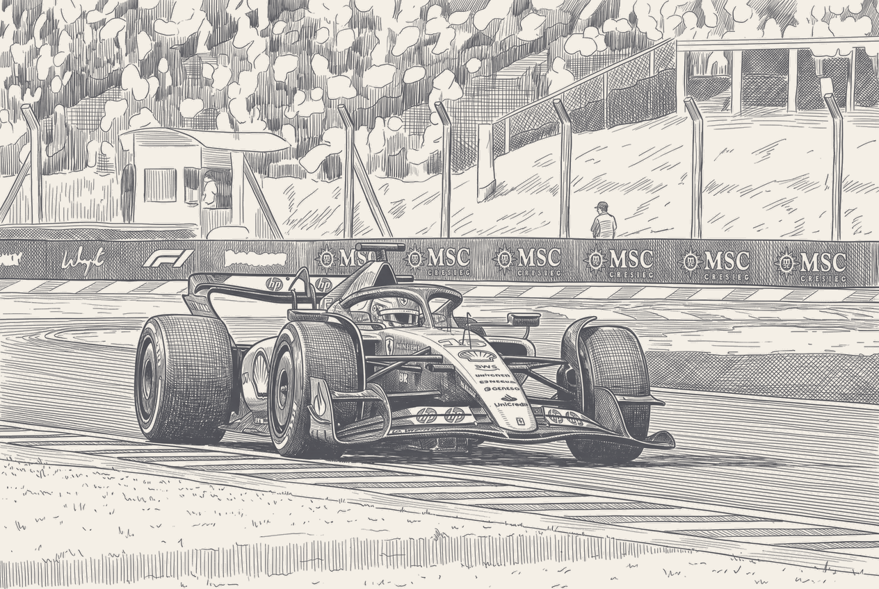 Two-tone hatched-ink illustration of a pit-lane speed display frozen at 80.1, a car blurred just past the line, the number rendered oversized so the single decimal reads as the whole story.
