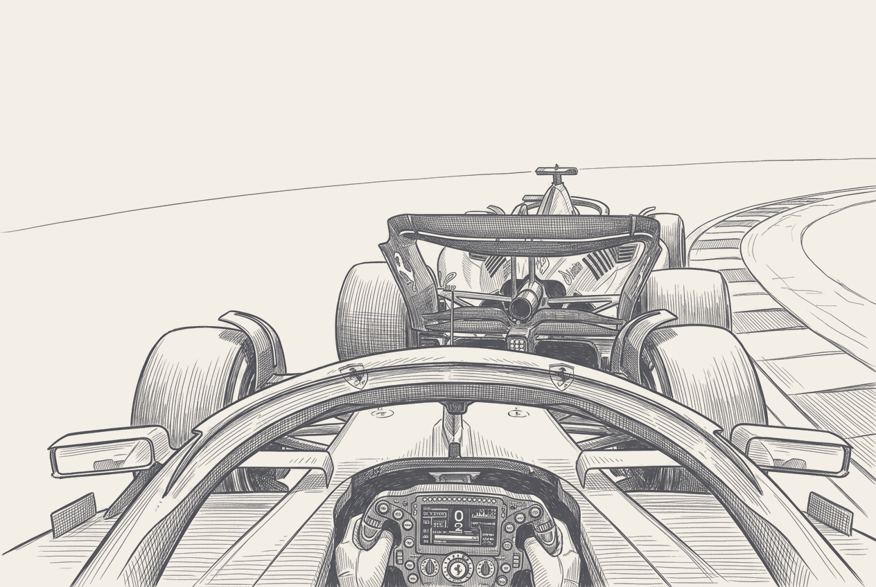 Two-tone hatched-ink illustration seen from inside a Formula 1 cockpit under braking for a first chicane, the steering wheel and halo framing the bottom of the view and the rear wing of a second car in the identical Ferrari livery filling the centre with no gap between them, the chicane kerbs curving away to the right.