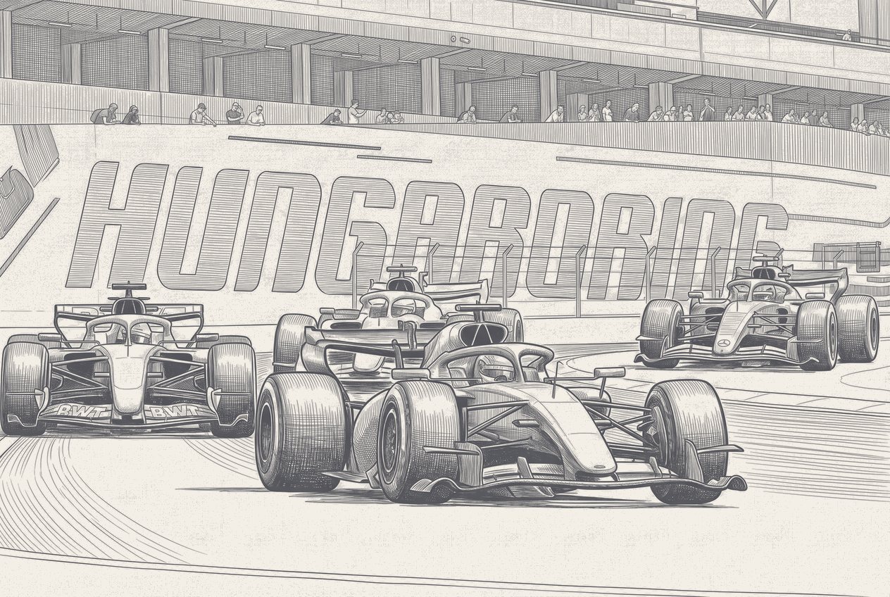 Two-tone hatched-ink illustration of the tight, looping infield of a low-speed circuit drawn as a coiled ribbon, a single car mid-corner, the surrounding grandstand rendered as a dense field of applauding marks.