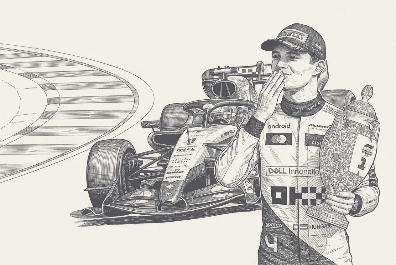 A two-tone hatched illustration of Lando Norris in McLaren overalls and a winner's cap, holding the ornate porcelain Hungarian Grand Prix trophy in one arm and touching his hand to his lips, with his McLaren in three-quarter view and the Hungaroring kerbing curving away behind him.