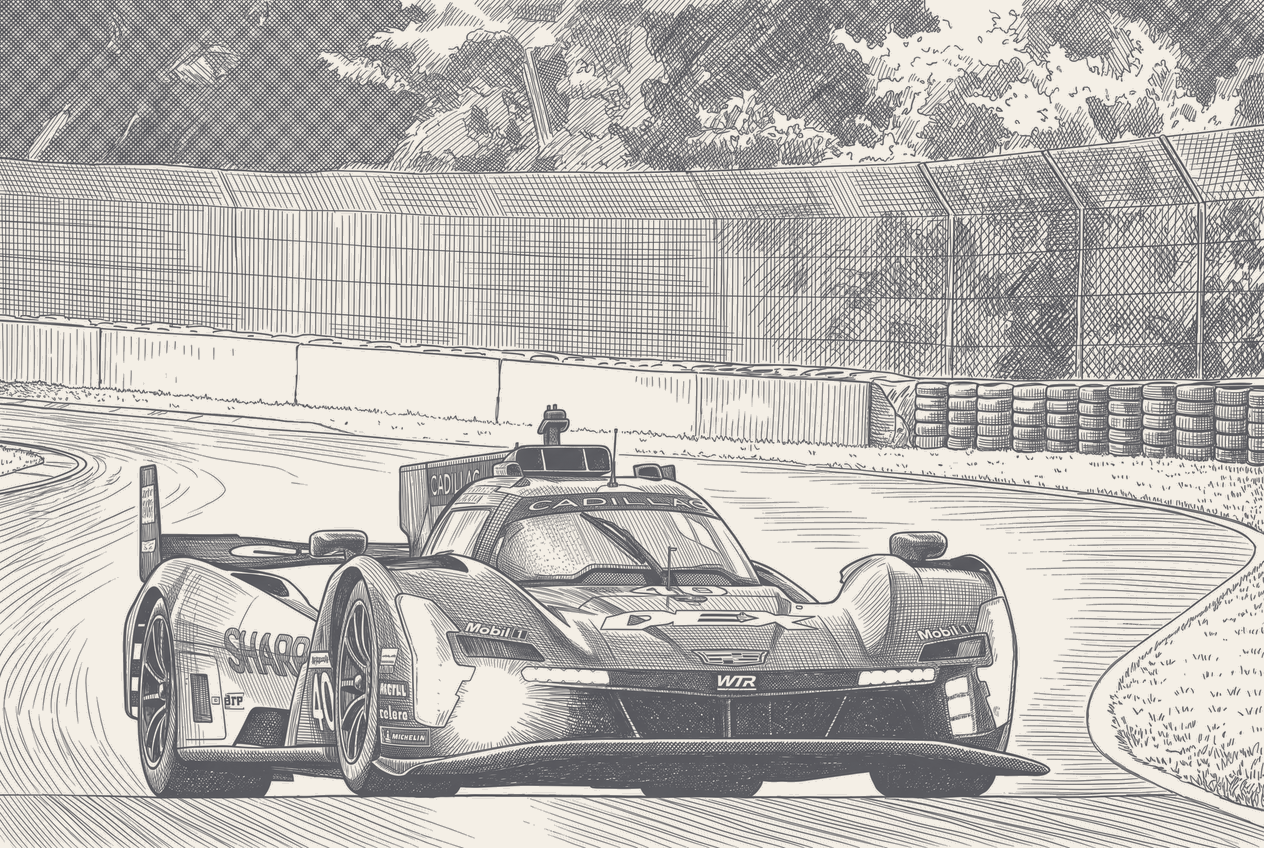 Two-tone hatched-ink illustration of a race clock stretched from a short arc to a long six-hour sweep, with a row of caution flags planted along the extended portion and a prototype nose crumpled against a tyre barrier at the end.