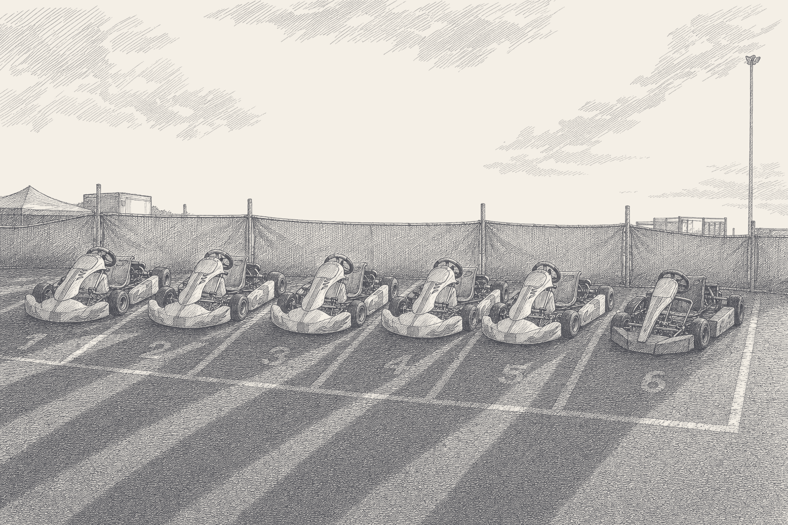 A two-tone hatched illustration of a karting podium at a Nordic circuit, three karts of one chassis marque arranged one-two-three, with a funnel shape sketched in lighter line above narrowing from a field of karts down toward a single-seater silhouette.