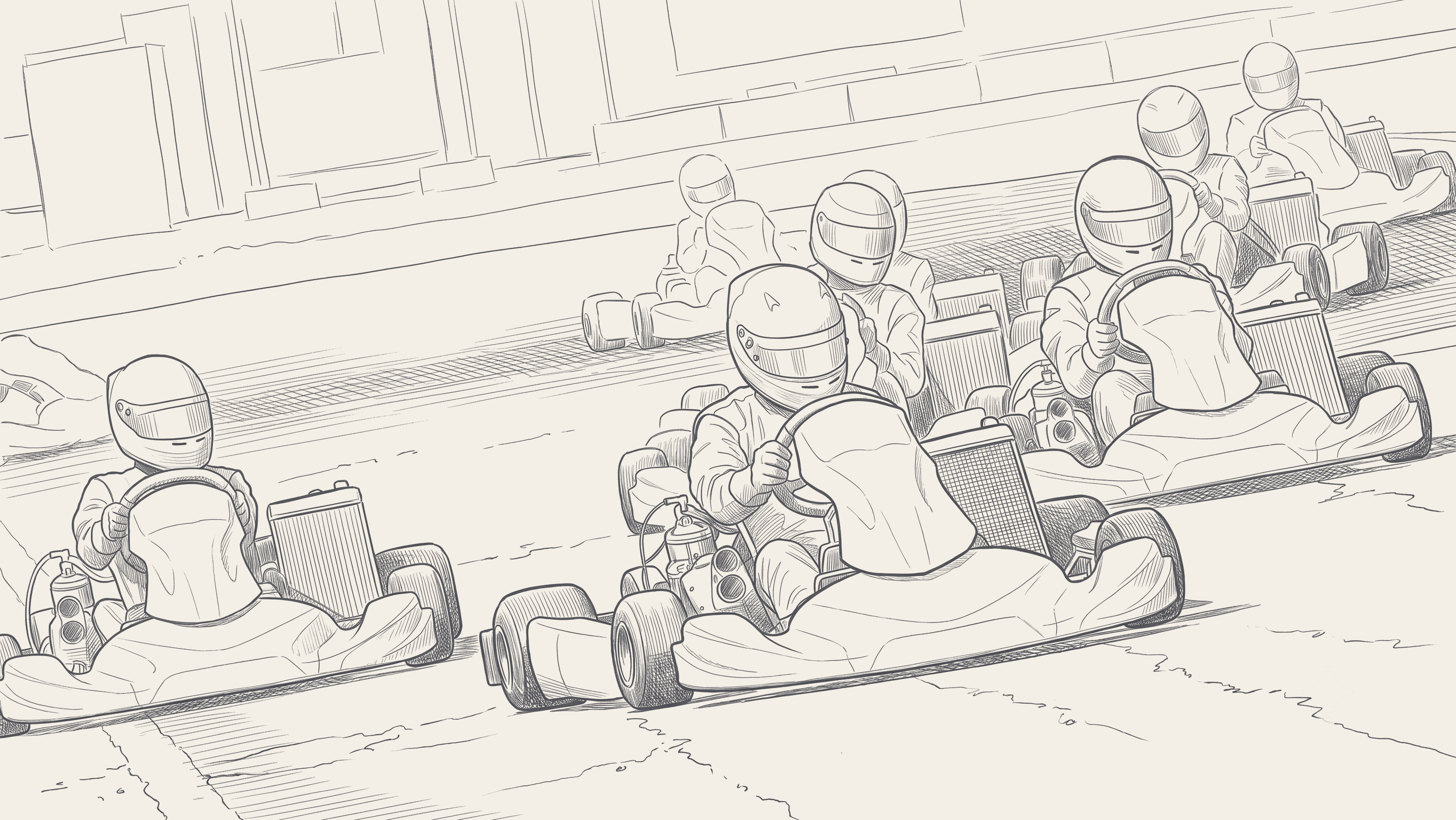Two-tone illustration of a kart under rain streaks on a slick track, a championship points ladder beside it with the top rung just out of reach and a steward's penalty flag folded into the margin.