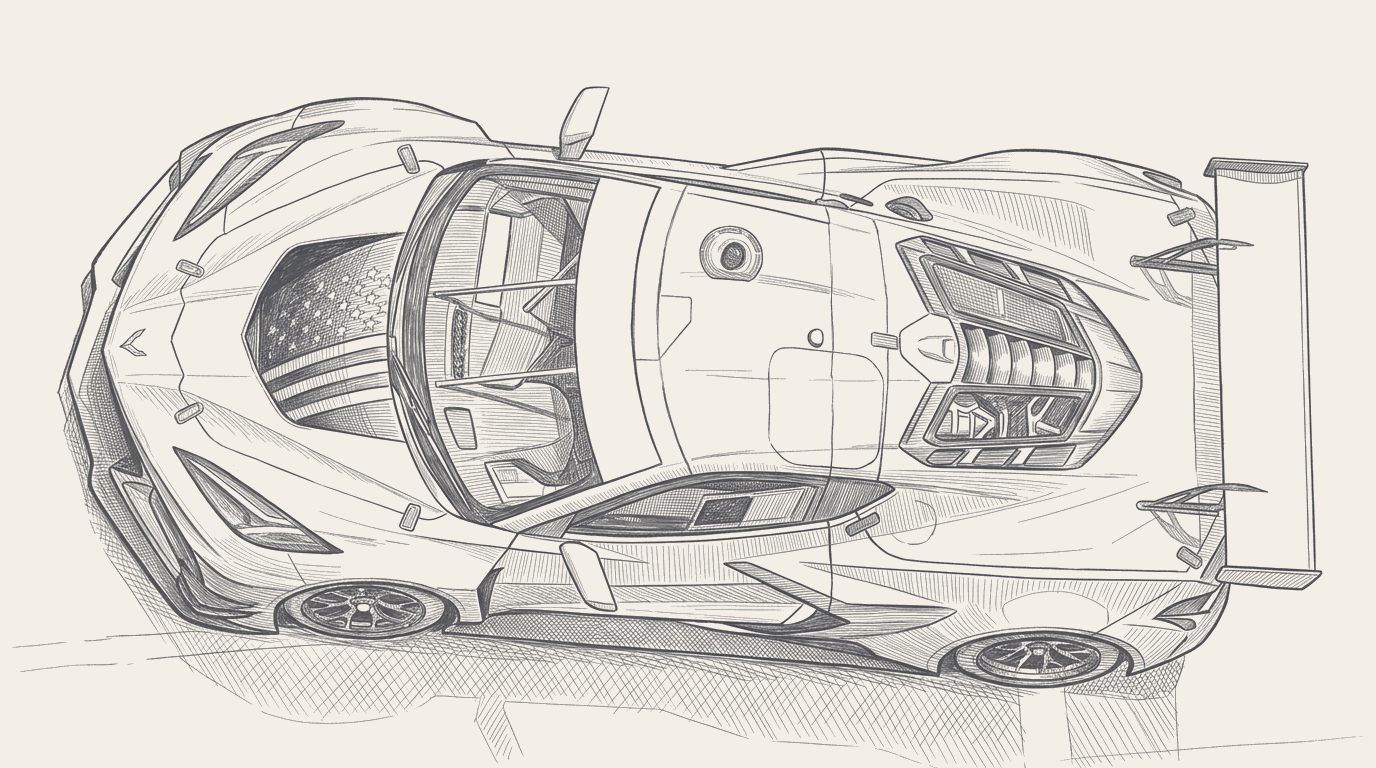 Two-tone hatched technical illustration: a profile diagram of a single IMSA team transporter with a left-rear axle assembly called out in a contrasting tint, and an inset map showing Long Beach to Laguna Seca via I-5 with the fire location north of Bakersfield marked.
