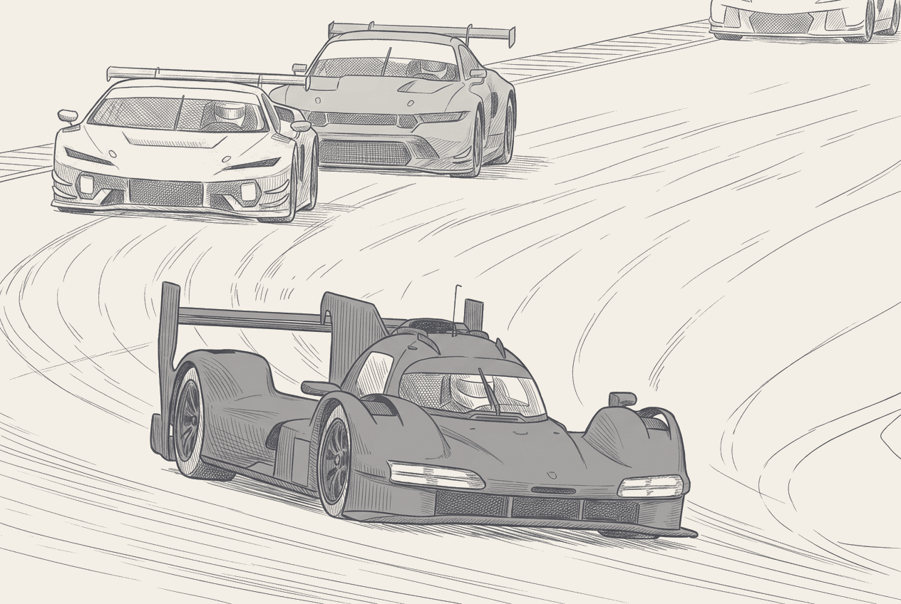 Two-tone hatched technical illustration: the JDC-Miller #5 Porsche 963 alongside the Cadillac Whelen #31 at Turn 5, with a margin annotation showing the 0.758-second margin and an inset diagram of the eleven-car GTP grid colour-coded by factory or customer status.