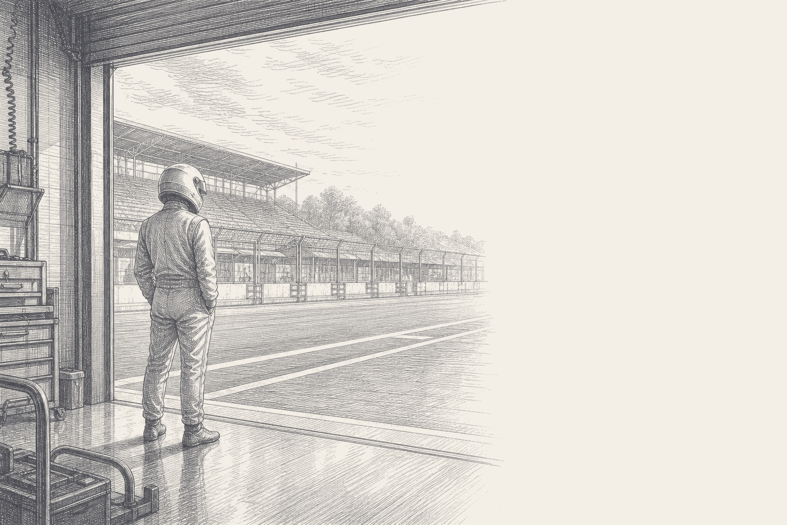 A two-tone hatched illustration of a lone helmeted figure in plain overalls standing in a garage doorway with their back turned, watching an empty pit lane and the grandstands beyond.