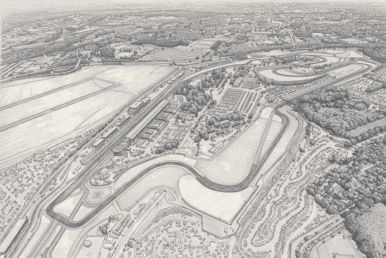 Two-tone technical illustration of a 24-hour clock face overlaid on the Circuit de la Sarthe outline, grid slots one through ten drawn as pit boxes around the dial, the tenth box marked with the fastest lap time and an asterisk.