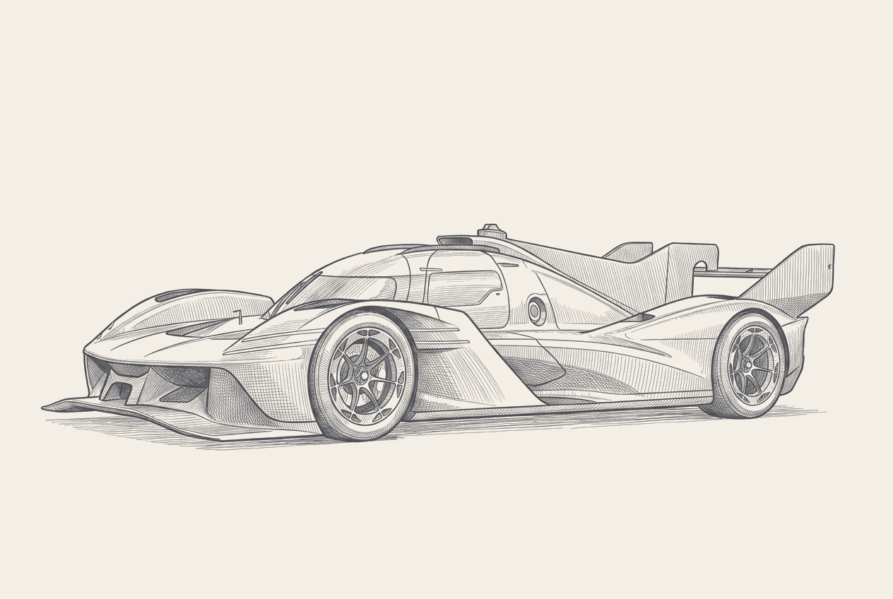 Two-tone hatched technical illustration in the Paddock Notes house style: sixty-two cars at le mans, eighteen hypercars, and the leaked bop table the fia stopped publishing