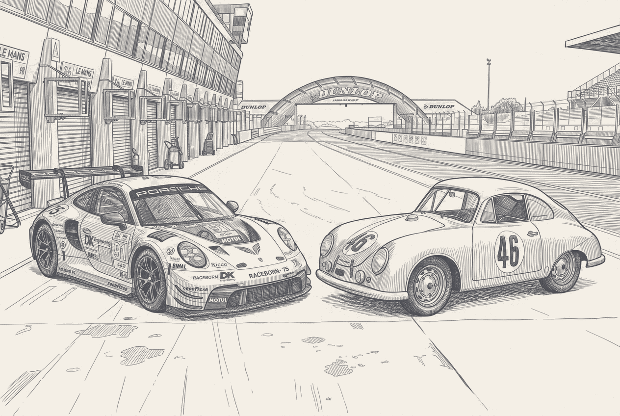 A silver Porsche 911 GT3 R in the Le Mans pit lane at dusk, and beside it, slightly ghosted in warm light, the small rounded form of a silver 1951 Porsche 356 SL coupe, the two cars nose to nose across 75 years.