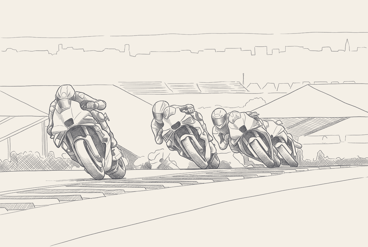 Two-tone hatched technical illustration in the Paddock Notes house style: the aprilia 1-2-3 at le mans makes the 2026 motogp championship an intra-team fight