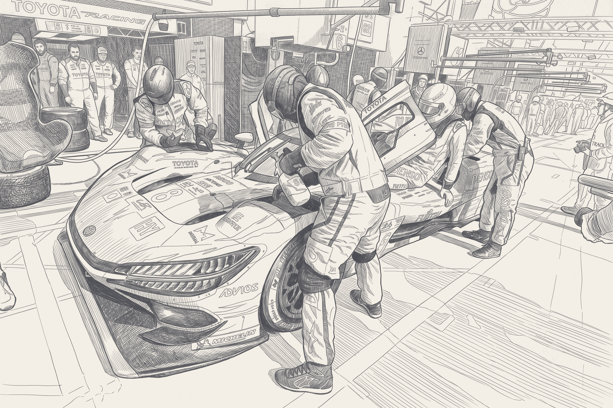 Two-tone technical illustration of two pit-stop time bars stacked against a thin victory-margin gap, a loose brake-cover screw drawn as an exploded callout above the longer bar.