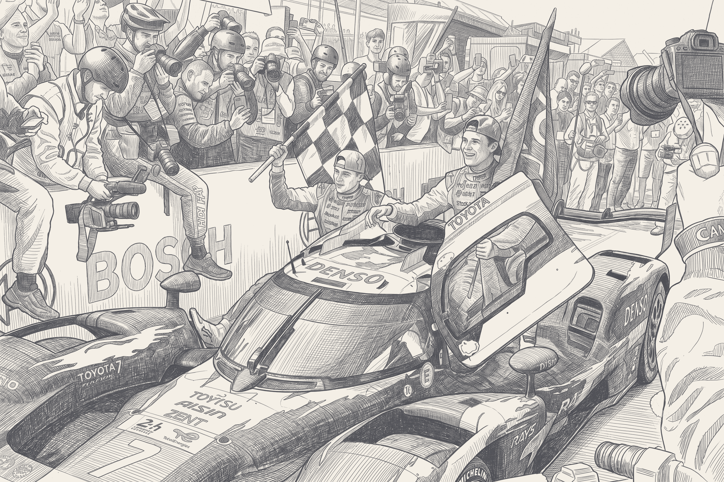 Two-tone technical illustration of a Le Mans pit-board reading P14 at the top and P1 at the bottom, the rungs between drawn as a 24-hour clock face wrapped around the Circuit de la Sarthe outline, with two car silhouettes on the podium step split by a third.