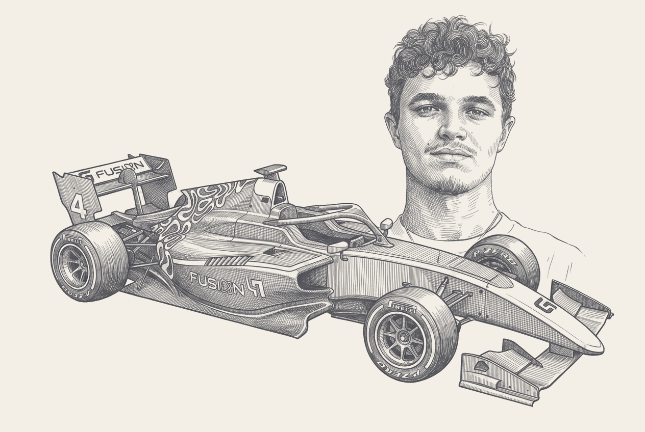 Two-tone hatched-ink illustration of a single-seater racing car in three-quarter view carrying Fusion branding on its rear wing and sidepod and the number four on its wing endplate, with a head and shoulders portrait of a young driver rising behind the cockpit.