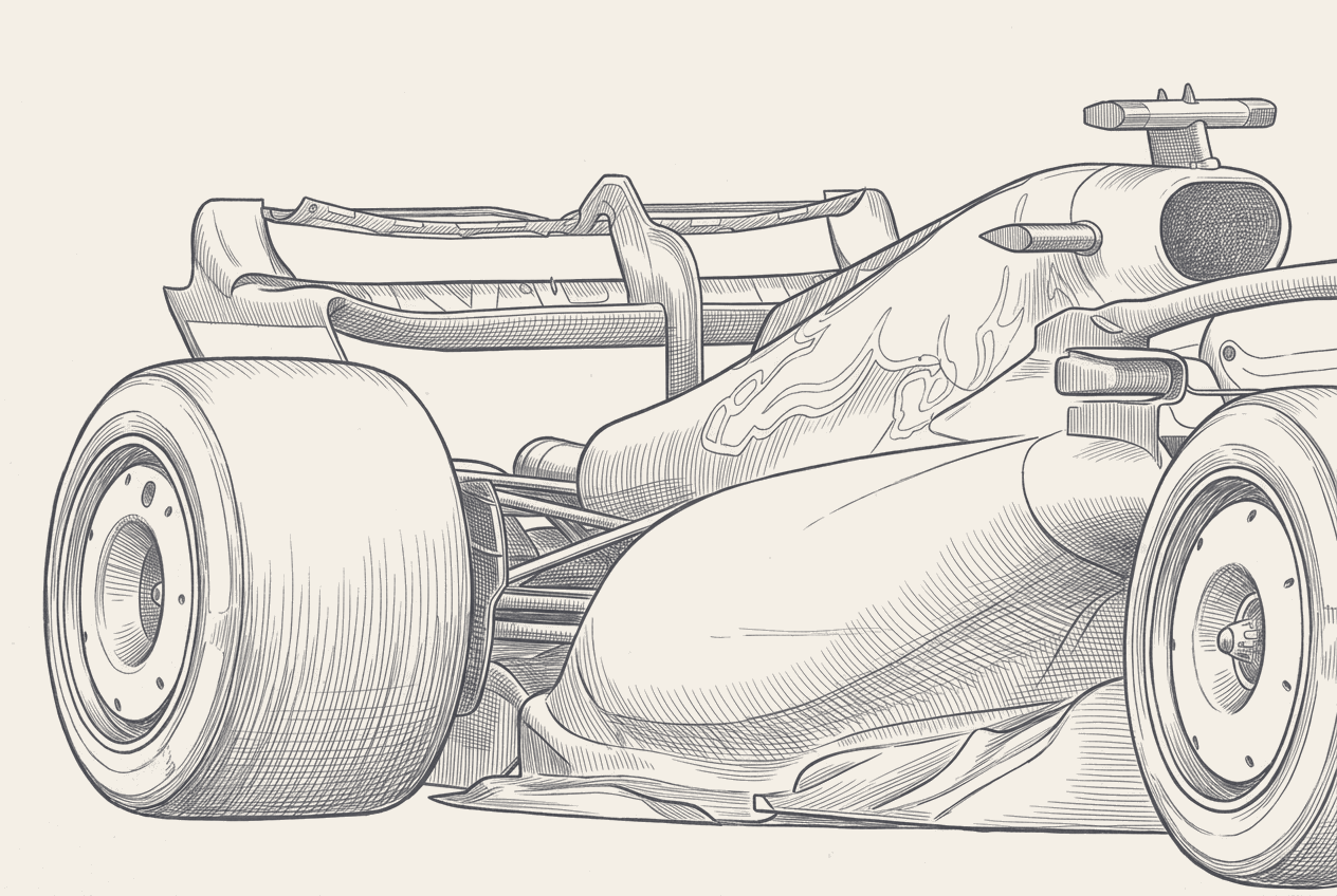 Two-tone hatched-ink illustration traced from a photograph of a 2026 Formula 1 car's rear wing in its rotated low-drag position, viewed from behind and above, liveries and sponsor logos stripped.