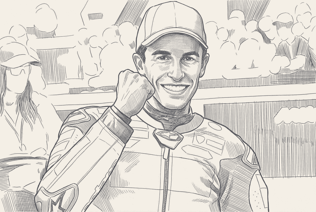 Two-tone hatched-ink illustration traced from a photograph of Marc Marquez on the Ducati Lenovo bike, liveries and logos stripped.