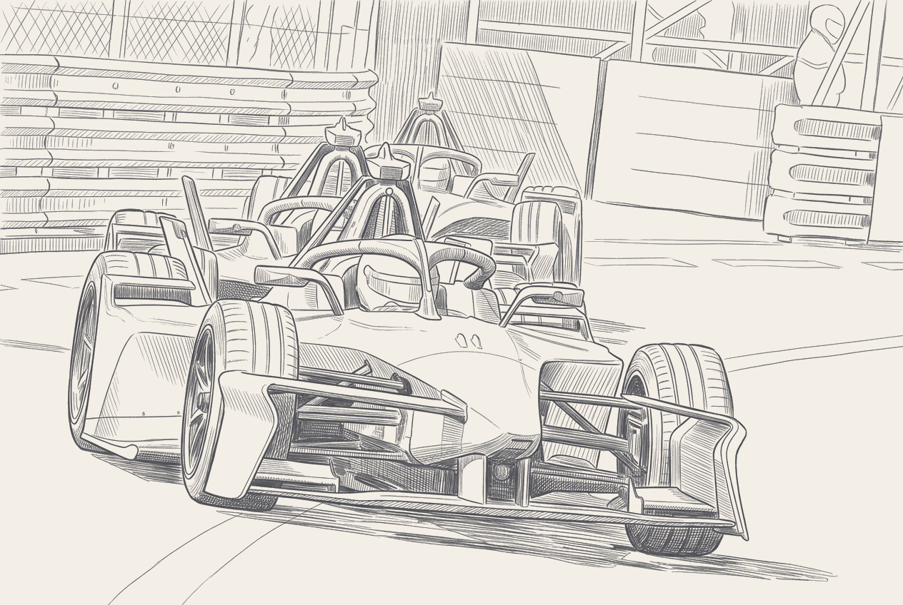 Two-tone hatched technical illustration of a Formula E car at the Monaco harbour-front chicane, profile view with the harbour and yachts visible in the background.