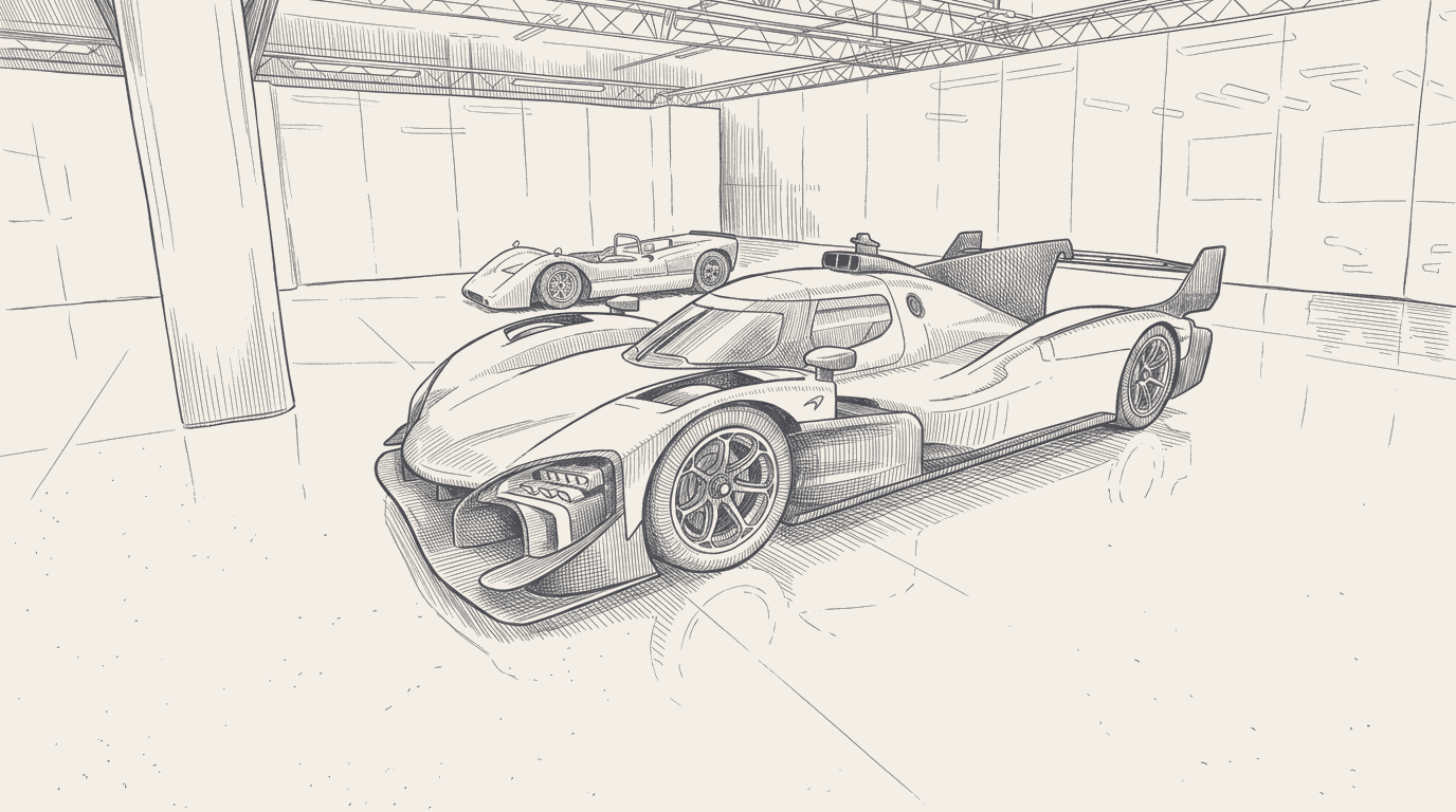 Two-tone hatched technical illustration: the McLaren MCL-HY in three-quarter front view rendered as a developmental prototype on a test stand, with the Dallara LMP2-base tub partially exposed below the bodywork, the V6 powerplant section shown in inset cutaway, and a small road-going GTR sister silhouette in the background.