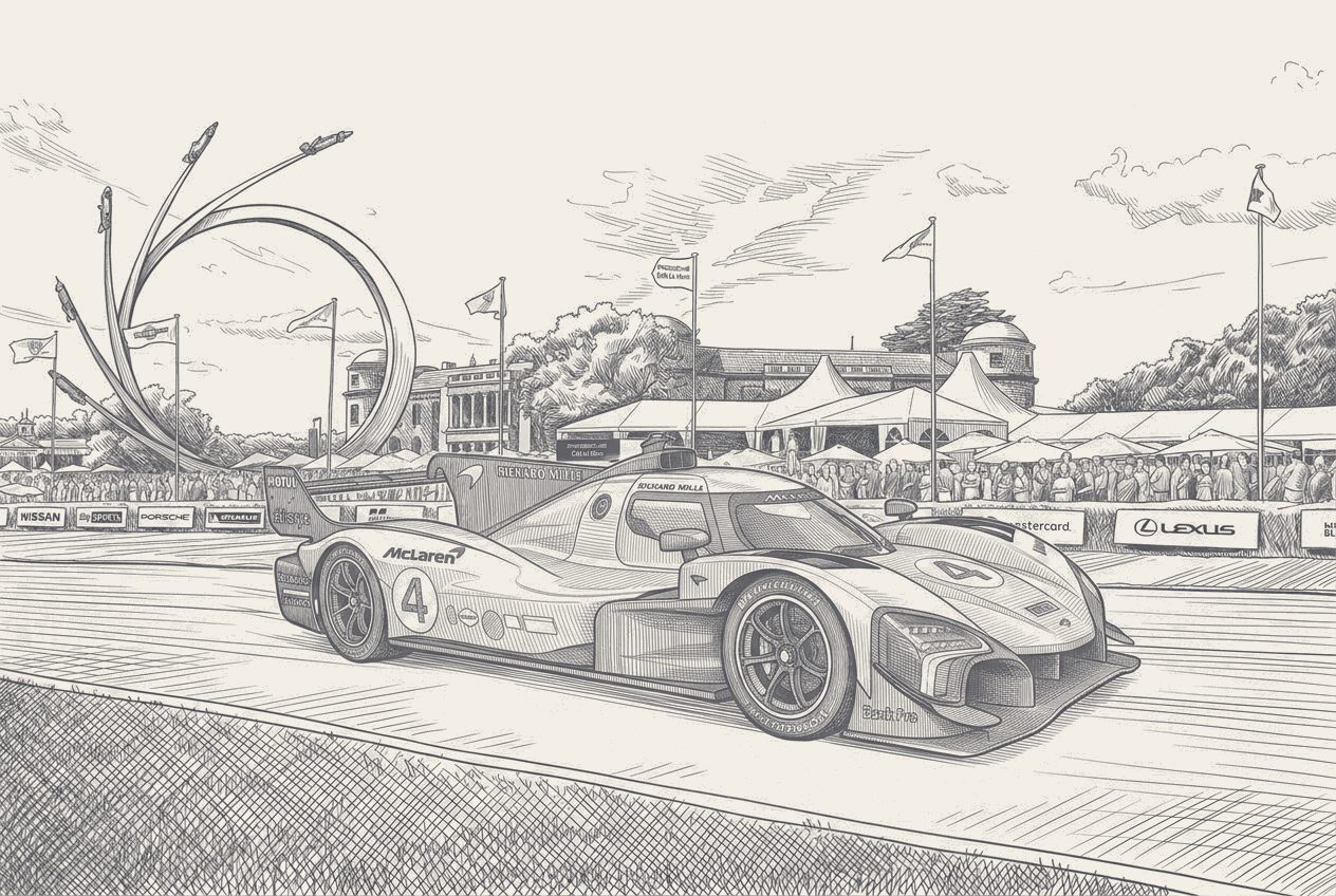 A closed-cockpit McLaren Hypercar prototype in tribute livery climbing a narrow tree-lined hillclimb course between straw bales, drawn in two-tone hatched technical illustration.