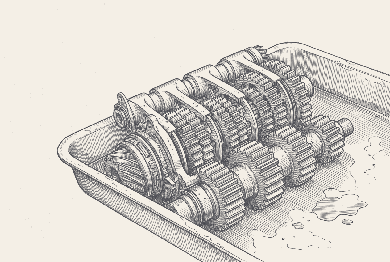 Two-tone hatched-ink illustration of a full gearbox cluster laid in a shallow parts tray, six straight-cut gears stacked along a common shaft with the selector forks alongside, a shallow pool of oil gathered in the corner of the tray.