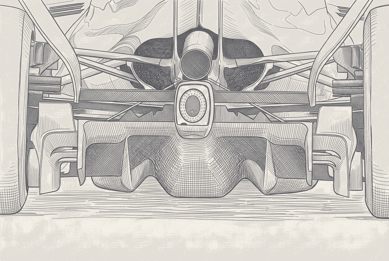 Extreme close-up of a Formula 1 diffuser's upper trailing edge showing a row of small triangular serrations along the carbon surface, shallow depth of field, garage lighting.