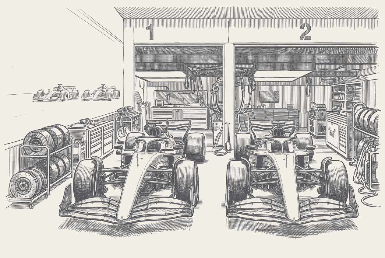 Two Mercedes Formula 1 cars drawn nose to tail in a single garage bay as a two-tone hatched technical illustration, a points gap rendered as a measured gap between them, two Ferrari silhouettes hatched faintly in the background closing the distance.