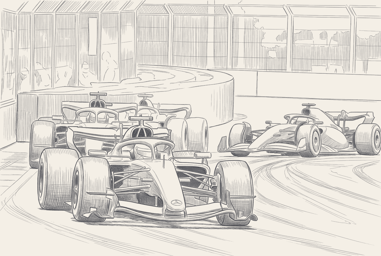 Two-tone hatched technical illustration: the Miami International Autodrome layout with a marker on Turn 1 noting the Verstappen-Leclerc lockup, a margin chart of the Drivers' standings showing a +20-point Antonelli lead, and an inset of the podium with the FIA-president water-bottle moment annotated.