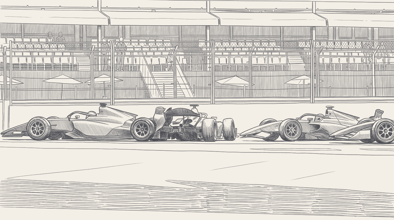 Two-tone hatched technical illustration: Mini's #11 MP Motorsport F2 car crossing the Miami finish line in the rain, with an inset pace-comparison chart between Prema 2025 and MP 2026 stints, and a margin-note Sicily-Italy map pin on Marineo near Palermo.