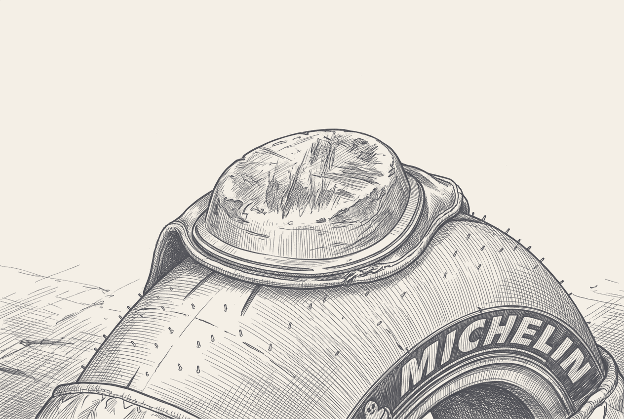 Two-tone hatched-ink illustration in close macro of a heavily worn motorcycle knee slider resting on the crown of a brand-new racing slick still carrying its moulding nubs, with Michelin lettering curving into view on the sidewall.