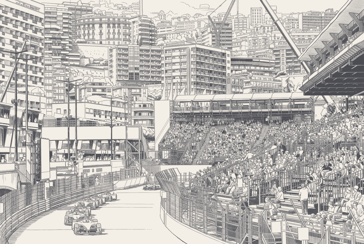 Two-tone hatched illustration of a Jaguar I-TYPE 7 Formula E car in profile at the Monaco harbour chicane, with a stylised standings document overlay showing a 19-point championship lead and a 30-day gap arc to Sanya.