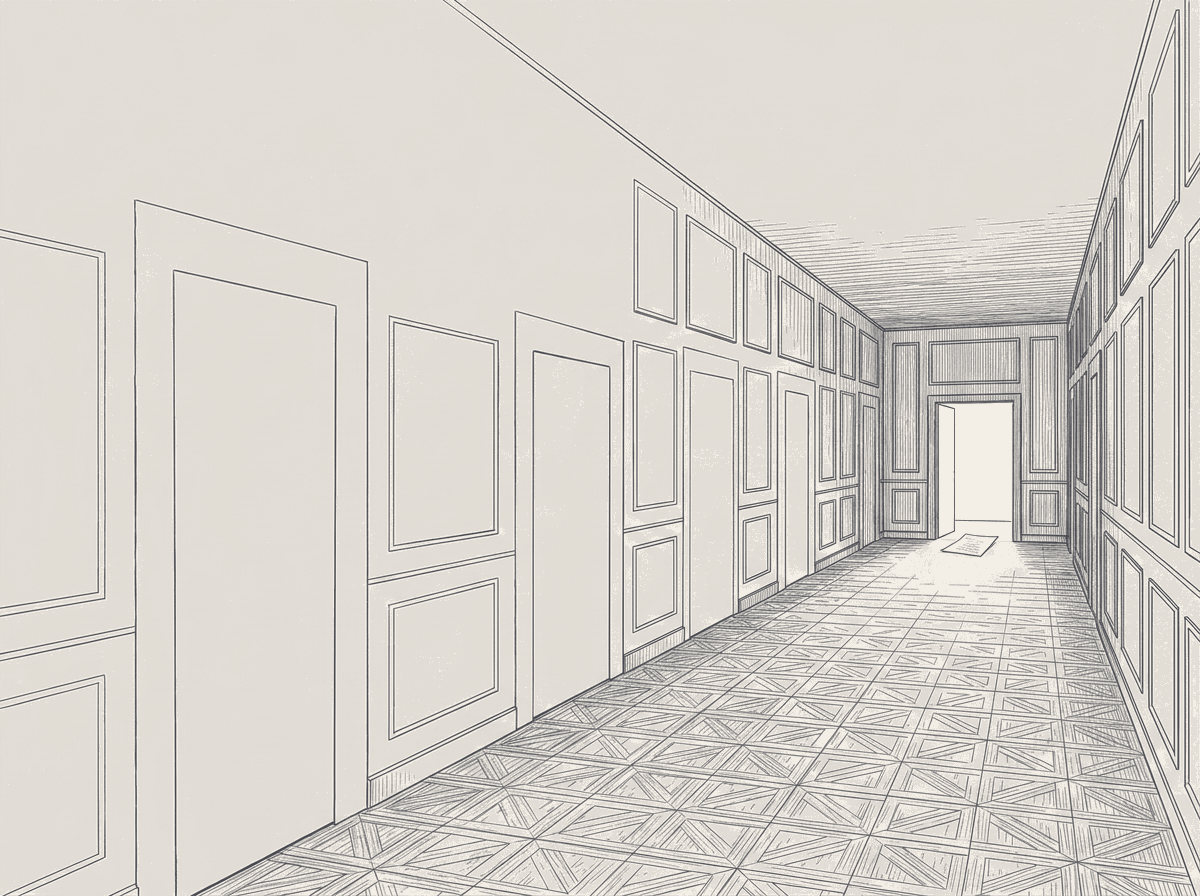 Two-tone hatched-ink illustration of a panelled institutional corridor with a worn parquet floor, tall doors set flush into the plaster with no handles, and at the far end a single open doorway onto bright bare space with a sheet of paper lying on its threshold.