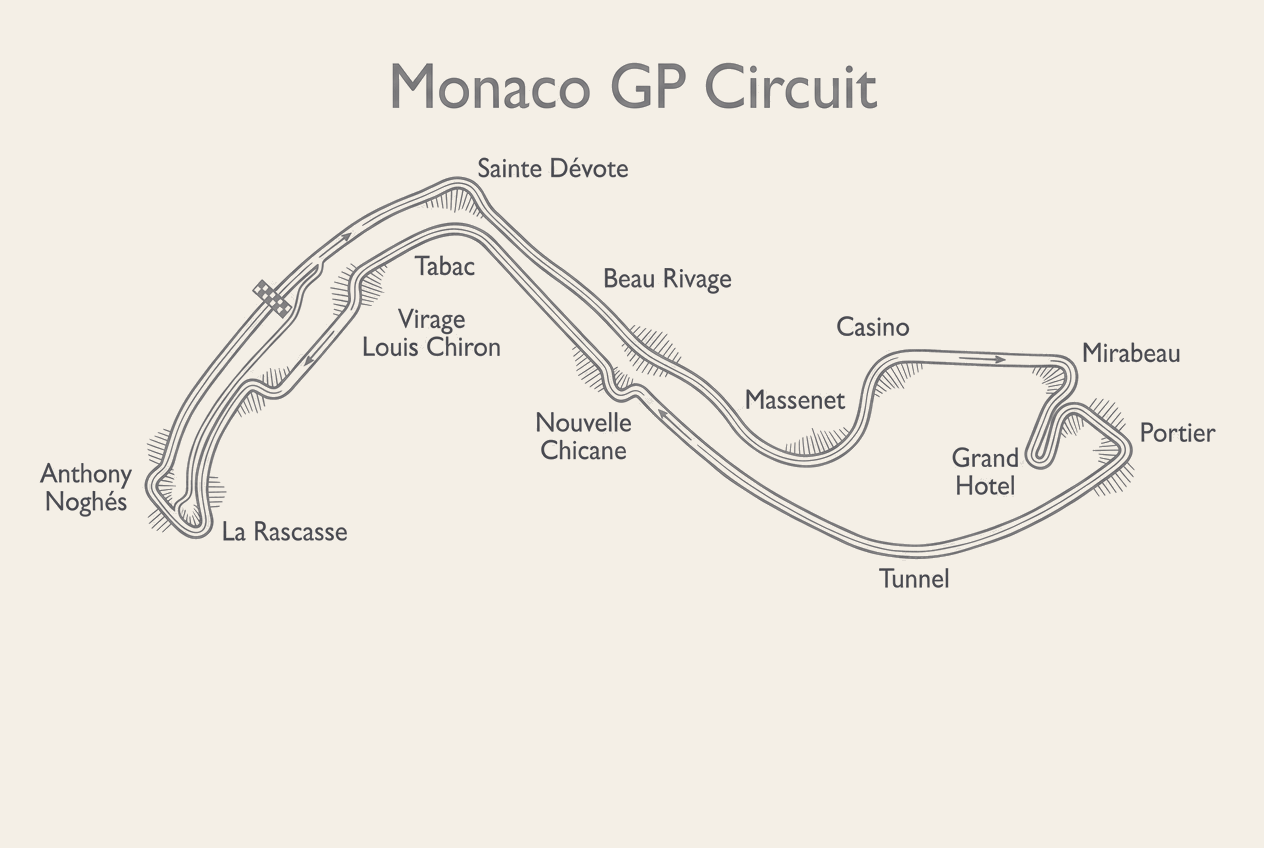 Schematic overhead of the Circuit de Monaco rendered in muted racing-green, with the corner-mode sections shown as solid wing-closed segments around the lap and a single highlighted overtake-mode detection marker between Turn 17 La Rascasse and Turn 19 Anthony Noghes, and no straight-mode low-drag zone marked anywhere on the layout.