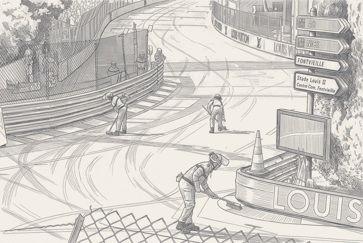 A close, low-angle view of asphalt at a barrier-lined street corner, the new top layer visibly cracked and lifting in patches, a marshal's legs blurred beyond the wall.