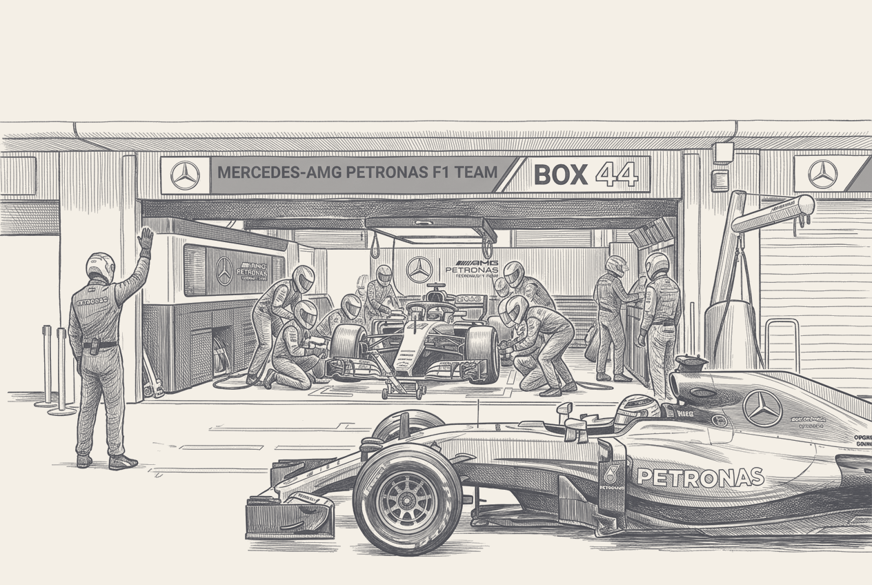 Two-tone hatched-ink illustration of a Formula 1 pit box seen from the pit wall, one Mercedes up on its jacks inside with helmeted mechanics fitting fresh tyres while the second car in identical livery passes the box in the pit lane without stopping on visibly worn tyres.