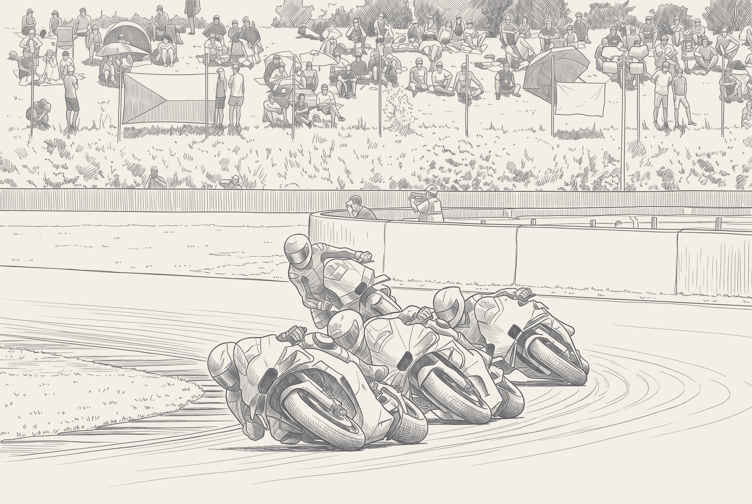 Two-tone technical illustration of a MotoGP engine and tyre with capacity, bore, aero and fuel figures called out as a parts diagram, a single calendar tile marked Monday set against a long blank gap to September.