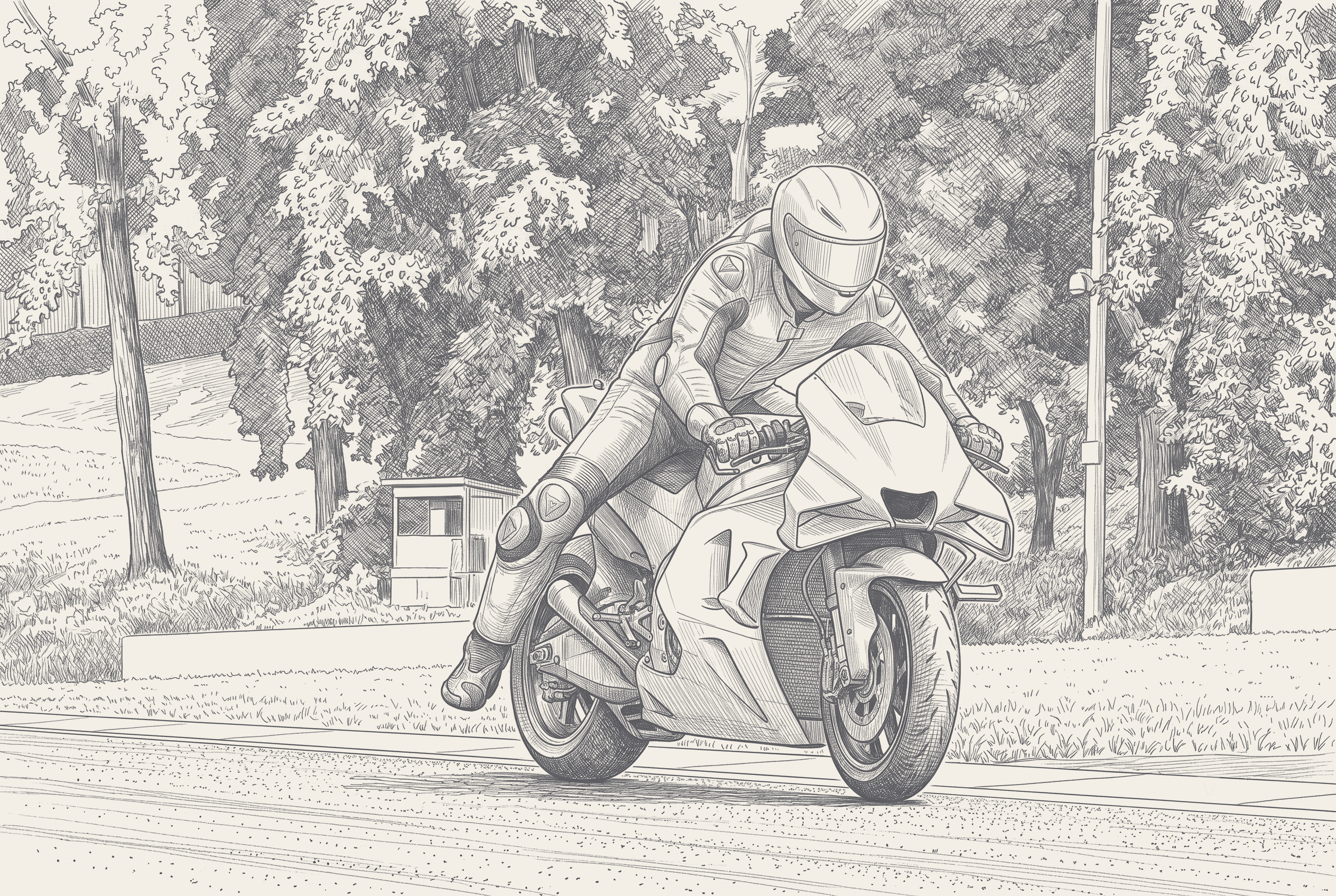 Two-tone diagram of five garage bays, each with an arrow showing a rider leaving one factory and arriving at another, a single test bike in each bay tagged with a name that does not match the 2027 arrow.