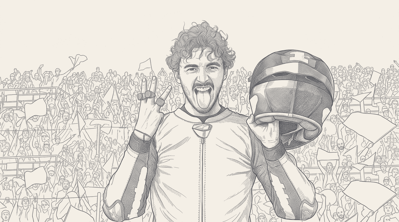 Two-tone hatched-ink illustration traced from the June 24 announcement photograph of Pedro Acosta and Marc Marquez at Ducati, liveries and logos stripped.