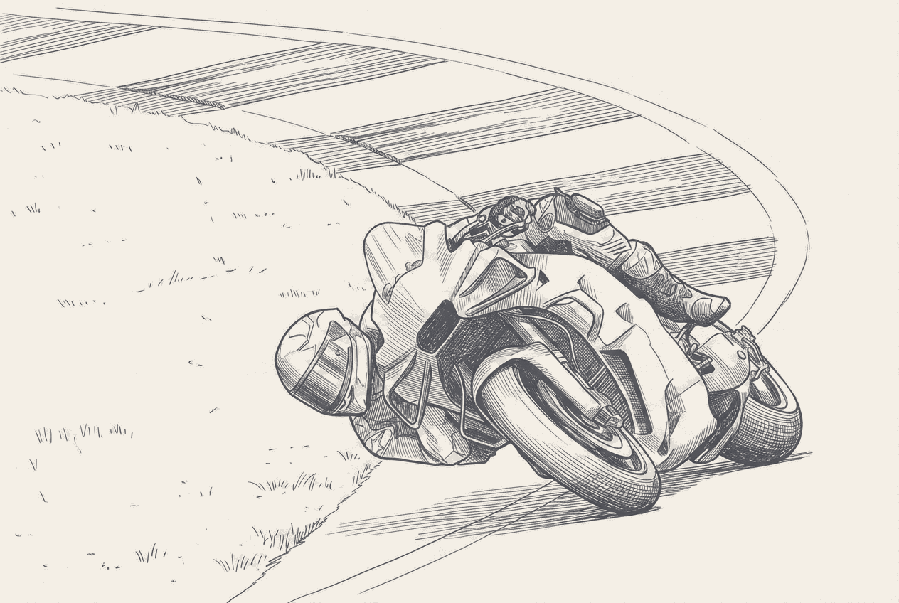 Two-tone technical illustration of a MotoGP front fork compressed by a ride-height device on the run to a first corner, a brake-point marker on the tarmac, and a season counter ticking to 44 along the foot of the frame.