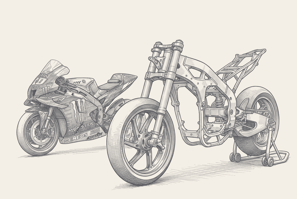 Two-tone hatched-ink illustration of a bare grand prix motorcycle frame on a paddock stand with no bodywork and an empty engine cradle, forks and swingarm exposed, a fully faired and liveried machine of the outgoing generation standing complete behind and to the left.